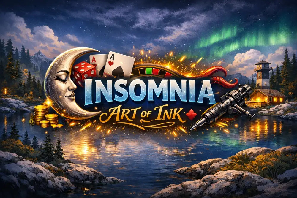 Insomnia Art of Ink” suomalaisessa maisemassa, jossa on järvi, lumihuippuiset vuoret ja revontulet auringonlaskun aikaan